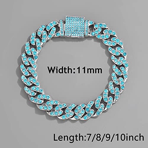 Apzzic Cuban Link Bracelet Iced Out Miami Gold Plated Hip Hop Full CZ Prong Diamond Bracelet with Giftbox Cuban Link Anklets for Men Women - color: Silver Blue-Bracelet