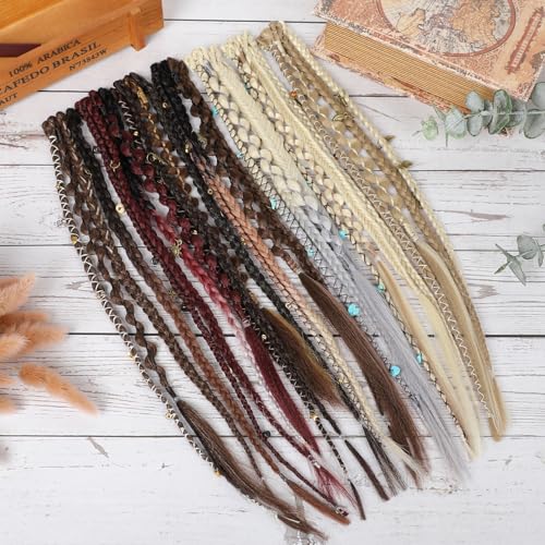 REECHO Clip in Braid Hair Extensions for Women, 20" Boho Dreadlock Clip in Braids with Beads & Charms, 2PCS Handmade Synthetic Braided Hairpieces for Cosplay Daily Styling, Burgundy & White - color: Burgundy & White, size: 20 Inch