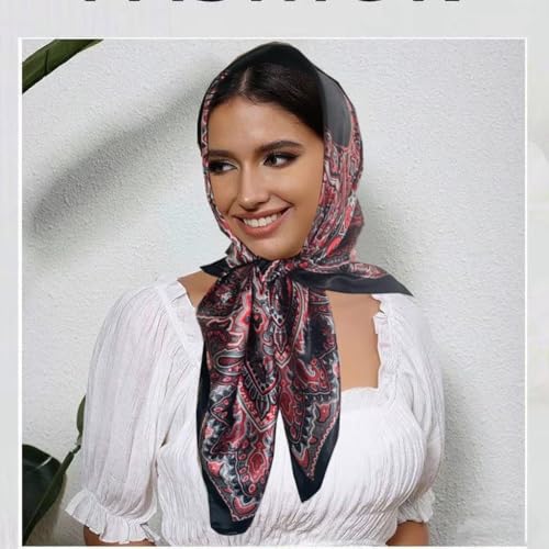 Hexchasty 35”Head Scarf Satin Silk Like Hair Scarf Large Square Head Scarves Bandana Head Wraps Headscarfs for Women Green - color: A-black Mixed