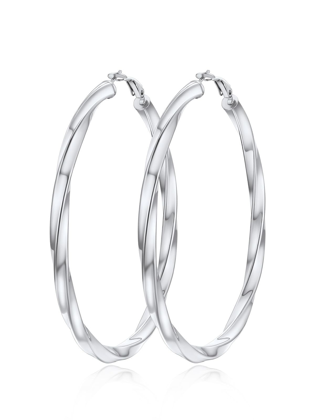 FindChic Twisted Hoop Earrings for Women, Silver/Black/14K Gold Plated Hypoallergenic Hollow Tube Rounded Loop Earrings, 30mm/40mm/60mm/80mm Hoops with Custom Name Options and Gift Box - color: b.Silver, size: 80MM