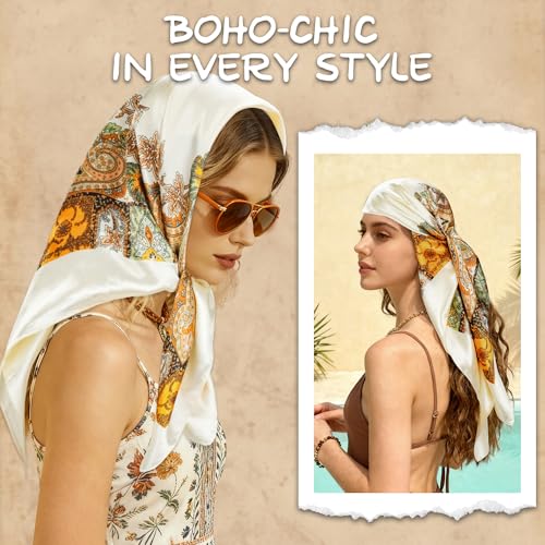 Large Square Head Scarf Bandana - 35" Satin Hair Scarf for Women Like Silk Scarf Fashion Hair Wrapping - color: Paisley(beige), size: 35IN*35IN