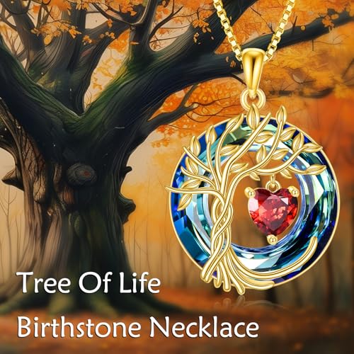 POPLYKE Mothers Day Gifts for Mom Her Wife Tree of Life Necklace 925 Sterling Silver Birthstone Pendant with Crystal Anniversary Birthday Wedding Jewelry for Women - color: 01-Jan-Garnet, style: 18K Gold Plated-Blue Crystal