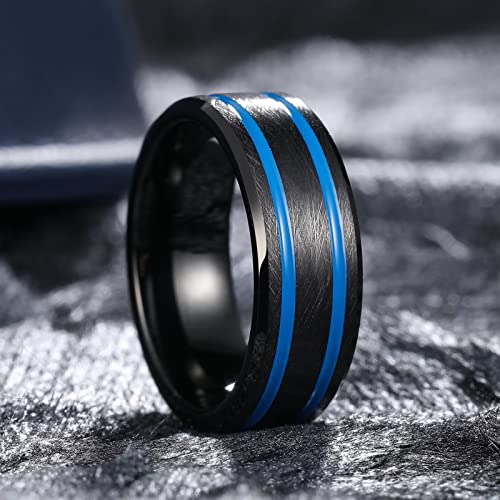 King Will Mens Tungsten Rings for Men Two Tone Grooved Mens Wedding Band Cool - color: Black & Blue Two Groove 8mm