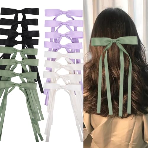 WORTL Hair Bows Clips Coquette Ribbon Bowknot with Long Tail Princess Hair Bows French Barrettes Hair Accessories for Women Girls 16PCS (Cream, Green, Purple, Black) - color: Cream, Green, Purple, Black