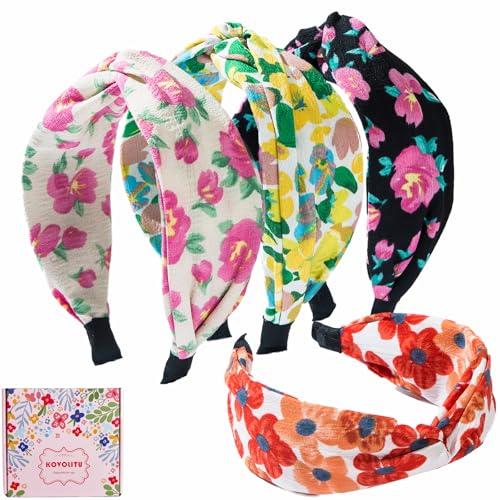 4 Pack Flower Printed Headbands Wide Knotted Headbands for Women Cross Knot Fashion Hair Bands-Holiday - color: Holiday