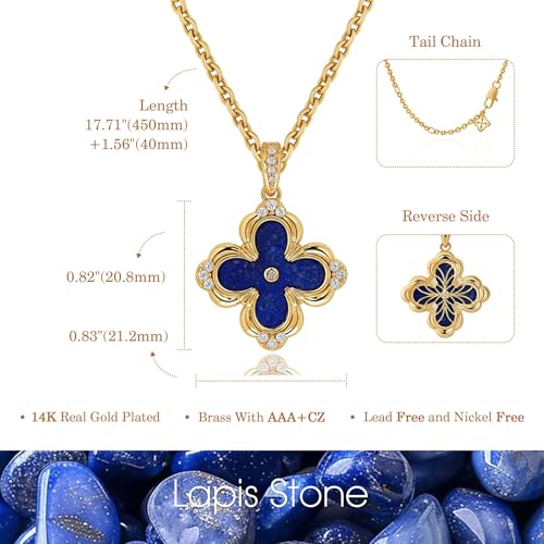 Fettero Dainty Gold Necklace for Women - Double Sided Pendant Necklace 14K Gold Plated Charm Clover Necklace Jewelry for Valentine's Day - color: Lapis Blue