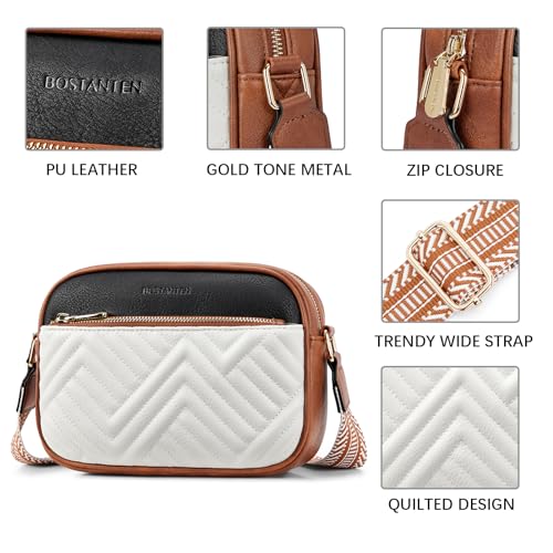 BOSTANTEN Quilted Crossbody Bags for Women Vegan Leather Purses Shoulder Handbags with Wide Strap - color: Q-beige With Black With Brown