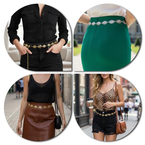 2 PCS Western Concho Belts for Women, Metal Chain Belt for Women Gold Coin Adjustable Cowgirl Belts, Boho Waist Dancers Belt with Silver Gold Colors for Dresses Jeans Country Concert