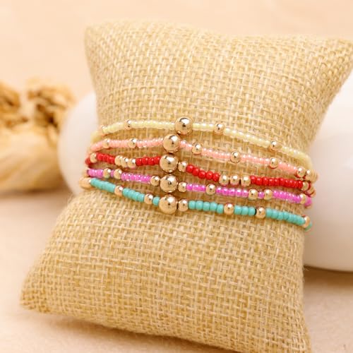 Gold Beaded Stackable Friendship Bracelets Set for Women, Handmade Boho Stretch Summer Jewelry Gift. - color: gold orange green red fuchsia yellow