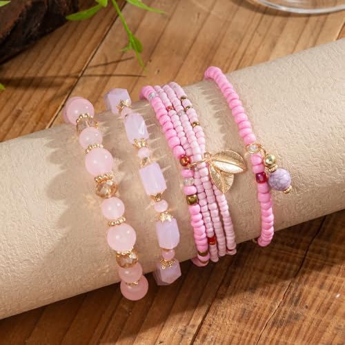 Caiyao 4Pcs Bohemia Multilayer Stackable Beaded Bracelets Set Colorful Crystal Stone Gold Beaded Stretch Bracelets Hawaii Charm Bracelet for Women Men Summer Beach Boho Vacation Jewelry Gifts - color: 7pcs pink