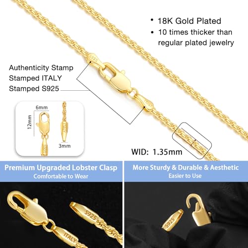 Jewlpire 18K Gold Plated 925 Sterling Silver Chain Necklace for Women, 1.35mm Rope Chain Necklace for Women Men Super Shiny & Durable Women's Chains Necklaces 16 18 20 22 24 26 Inch - color: 18k Gold Plated, size: 20 Inch