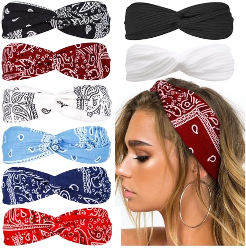 Huachi Bandana Headbands for Women Boho Twist Head Wraps, Elastic Hair Bandana Headband Summer Hair Accessories - color: Paisely Print & Solid Colors