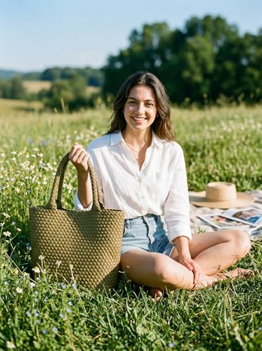 BAGOK Woven Tote Bag for Women, Handwoven Vegan Leather Shoulder Bag with Clutch, Large Tote for Work, Travel & Beach - color: Olive Green