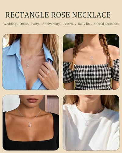 Dainty Silver Square Rose Necklace for Women Lightweight Flower Pendant Necklaces with Wavy Border Fashion Cute Floral Jewelry Gift