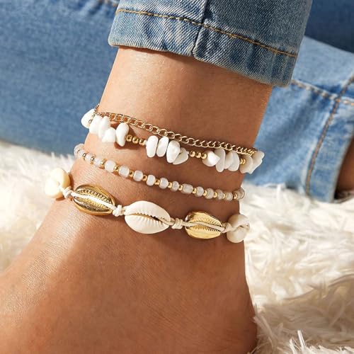 Qceasiy Shell Ankle Bracelet Set for Women, Gold Plated Boho Bead Adjustable Anklet, Hawaiian Beach Seashell Pearl Heart Starfish Conch Foot Jewelry Gifts - color: Stone Shell 4Pcs