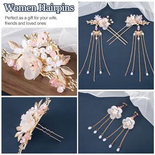 HINZIC 5PCS Silk Flower Tassels Hairpin, Crystal Rhinestone Pearl Hair Clips Headpiece Retro Flower Chinese Hanfu Wedding Brides Hair Accessories Jewelry for Women Girls Updo Long Hair - color: Pink-3pcs