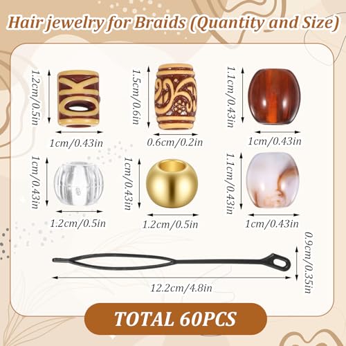 60 Pcs Wood Hair Beads for Braids, Exquisite Brown Beads for Hair, Beautiful Round Hairs Jewelry Accessories for Women Girl Men Cuffs DIY Bracelets Necklace Braids