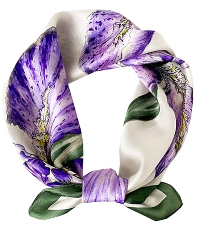 Saiusloa Neck Scarf For Womens Silky Head Scarves Hair Bandanas Square Scarf Fashion Accessories lightweight - color: 38-purple Irises With Green Edges