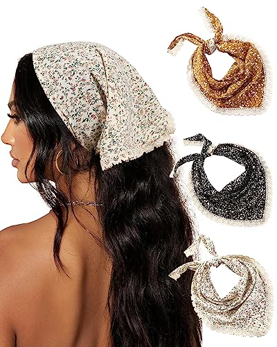 AWAYTR 3Pcs Hair Bandanas Head Kerchief for Women Girls Tie-Back Boho Hair Scarf Headband Bandana Triangle Head Scarf - color: Floral - Yellow / Black / Beige