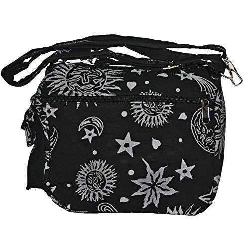 Sun Moon Stars and Planets Celestial Hippie Boho Crossbody Single Shoulder Bag - color: Black