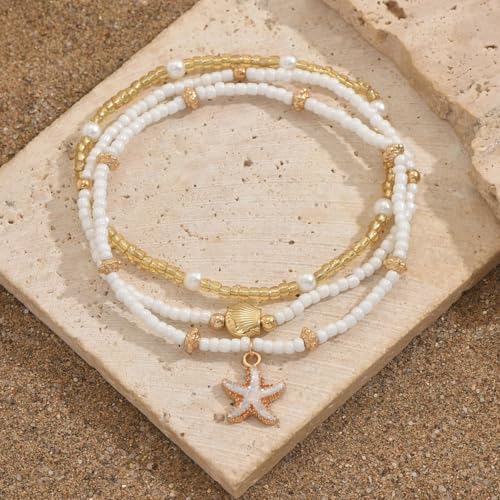 INENIMARTJ Shell Anklet Bracelet for Women Gold and White Beaded Elastic Stack Ankle Bracelet Hawaiian Beach Seashell Starfish Anklet Puka Shell Starfish Foot Jewelry for Women Beach Accessories - style: style A