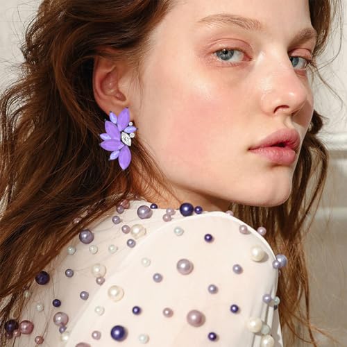 Bohemian Statement Sparkly Colourful Fancy Rhinestone Crystal Flower Dangle Drop Stud Earrings Vintage Wedding Bridal Prom Earrings for Women - color: Purple