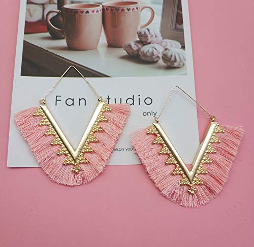 Tassel Hoop Earring Statement Thread Dangle Earrings Stylish Long Fringe Drop Earrings Lightweight Long Swingy French Hook Earrings for Women - color: A Pink