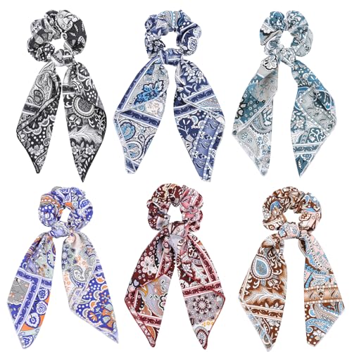 Hair Bow Scrunchies,6PCS Paisley Scrunchie Scarf Ties | Hair Scarves,Hair Scrunchie with Tails,Bandana Scrunchies,Scarf Ponytail Holder,Hair Accessories for Women,2 in 1 - color: paisley3