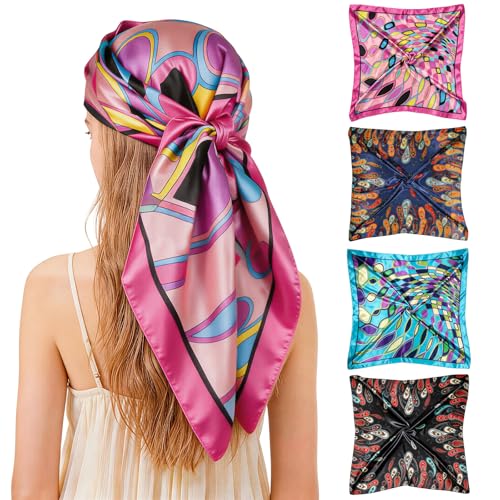 Ciormis 35" Silk Head Scarf for Women, 4 Pcs Satin Hair Scarf Square Silk Bandana Top Neck Scarves Hair Wraps for Sleeping - color: E2-paisley Print-set27