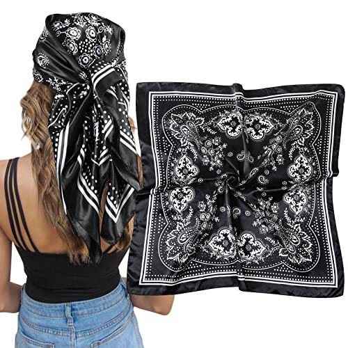 AWAYTR Satin Silk Scarf - Large Hair Bandana, Sleeping Wrap for Women - color: Paisley(black)