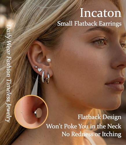 Incaton Hypoallergenic Flat Back Earrings for Women Silver 14K Gold Plated Surgical Stainless Steel Stud Earrings Cubic Zirconia Cartilage Studs Earrings For Multiple Piercing Sensitive Ears - color: I-Silver