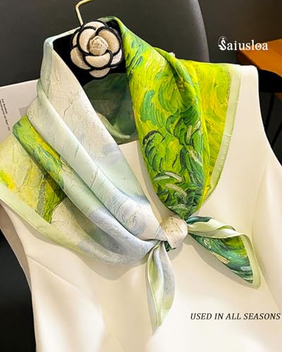 Saiusloa Neck Scarf For Womens Silky Head Scarves Hair Bandanas Square Scarf Fashion Accessories lightweight - color: 20-green Oil Painting