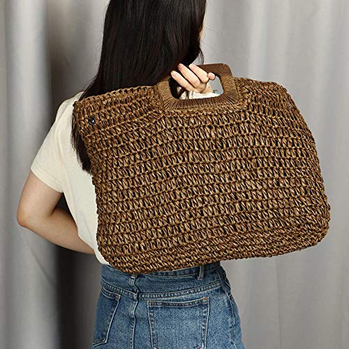 YYW Straw Tote Bag Women Hand Woven Large Casual Handbags Hobo Straw Beach Bag with Lining Pockets for Daily Use Beach Travel - color: Khaki