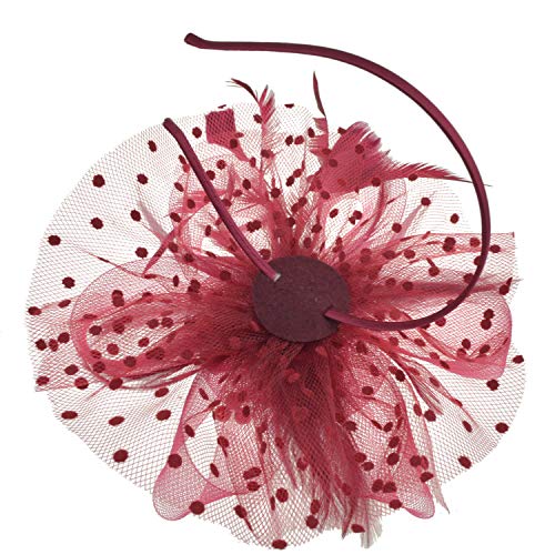 DRESHOW Fascinators Hat Flower Mesh Ribbons Feathers on a Headband and a Clip Tea Party Headwear for Girls and Women - color: 7" Diameter / Burgundy