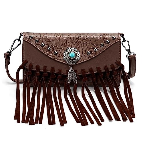 LAVAWA Small Crossbody Bags for Women Crossbody Handbag Fringe Purse Tassel Shoulder Bag Turquoise Concho Wallet - color: Western Coffee