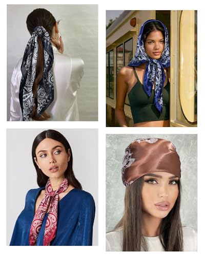 Molans 35" Silk Satin Square Head scarves - 4Pcs Large Scarfs Hair Bandana Head Kerchief Neck Scarf Sleeping Wraps for Women - color: Red, Brown, Black, Navy Blue
