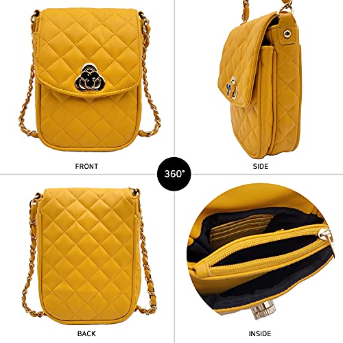 Phone Crossbody Bags for Women Small Vegan Leather Mini Shoulder Wallet Card Quilted Purse - color: C - Yellow & Gold