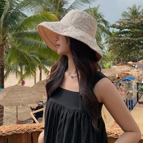 HUAMULAN Women Summer Sun Hat Wide Brim Wired Edge Floral Beach Bucket Hats Reversible Foldable Travel UV Protection Lady Hat - color: Beige