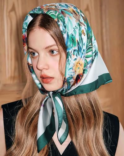 AWAYTR 27.5” Square Satin Head Scarf Hair Scarf for Women's Hair Silk Bandana for Women Silk Head Wrap for Sleeping - color: Flower (Dark Green)