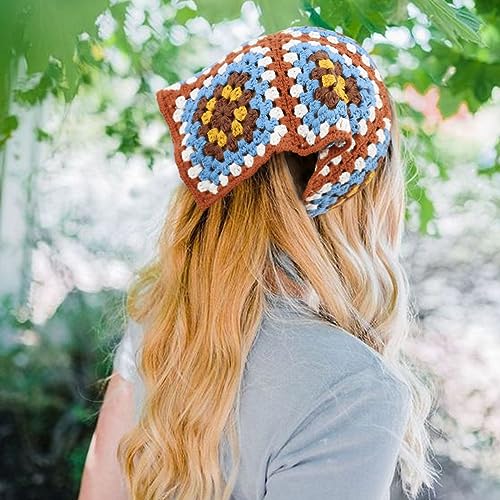 DRESHOW Floral Crochet Hair Bandana Tie Knotted Headscarf Vintage Headband Knitted Head Kerchief for Women Girls - color: 2 Pcs Floral (Burgundy + Khaki)