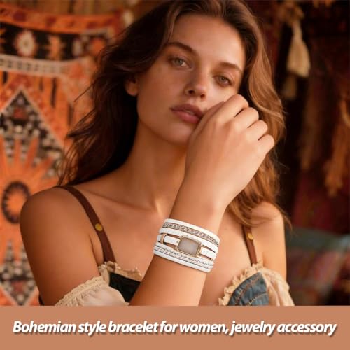 Long tiantian Leather Wrap Bracelets Boho Bracelets for Women Rhinestone Leather Bangles Boho Western Outfit Accessories Jewelry Gifts - color: white