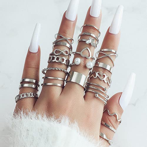 Lnnmomn 22 Pcs Gold/Silver Rings Set for Women, Sparkling Dainty Simple Trendy Ring Pack, Butterfly Diamond Opening Multi Joint Ring Set Love Pearl Ring Jewelry Gifts for Womens, Gifts for Her - color: Silver-1