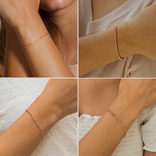 Dearmay Gold Bracelets for Women Waterproof, 14K Gold Plated Minimalist Bracelets Stack Non Tarnish Trendy Dainty Herringbone Vintage Cuban Paperclip Rope Thin Box Link Chain Stackable Jewelry Sets Modern Fashion Accessories Gifts for Womens - style: 5Pcs