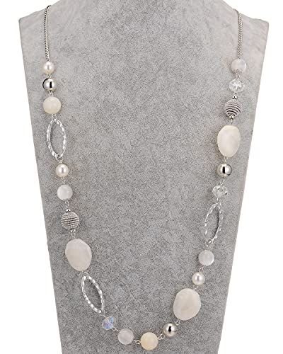 BULINLIN Beaded Long Necklace for Women Silver Sweater Chain Necklace with Crystal Resin Beads, Fashion Jewelry Necklace - color: White