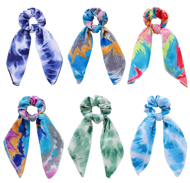 Chiffon Hair Accessories: Scrunchies, Hair Ties, Tie-Dye Scarves, Hair Bows and Bands for Women and Girls (6PCS) | Scarf Hair Ties,Hair Scrunchies with Tails,Bandana Scrunchies,Scarf Ponytail Holder,Hair Accessories for Women - color: NO9A