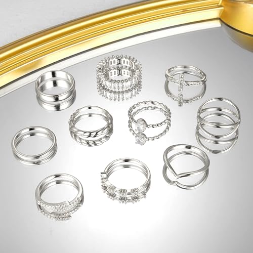 10 PCS 14K Gold Plated Rings Set for Women, Dainty Gold Knuckle Ring Non Tarnish, Simple Thumb Stacking Rings Pack Size 6/7/8/9/10 - color: silver