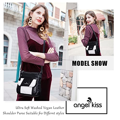 Angelkiss Small Womens Crossbody Bag Leather Shoulder Purse for Women Hobo Bag with Adjustable Shoulder Strap - color: Black/White