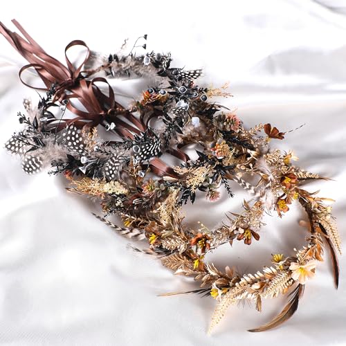 Black Flower Crown Headband - Elf Floral Headpiece Flower Girl Hair Accessory Pregnant Women Birthday Wedding Party Photo Props - color: Feather-Black