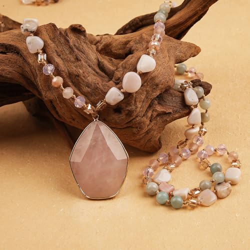 Long Necklaces for Women Boho, Oval Waterdrop Turquoise Pendant, Natural Stone Beaded, Handmade,Vintage & Elegance, Boho Fashion Charm Beaded Necklace for Women - style: F-PinkQuartz Pendant
