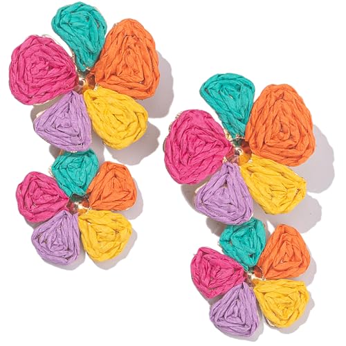 Boho Flower Earrings Statement Raffia Dangle Earrings Cute Floral Jewelry Trendy Summer Beach Vacation Outfits for Women - color: Colorful
